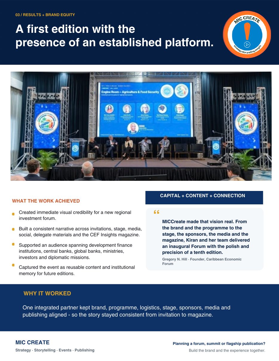 Results page: a panel on the Engine Room main stage, with what the work achieved and a quote from CEF founder Gregory N. Hill
