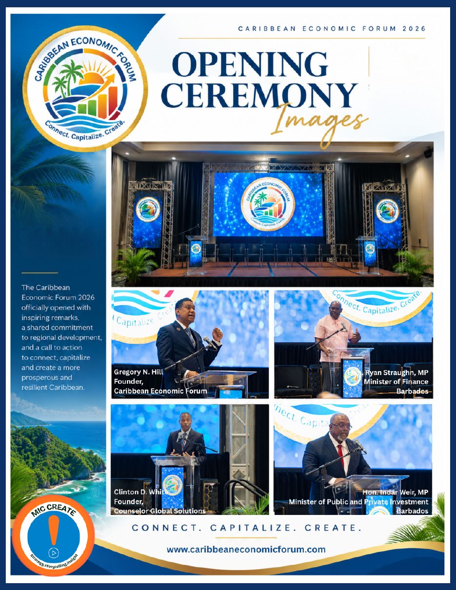Opening ceremony spread: the CEF 2026 main stage and speakers Gregory N. Hill, Ryan Straughn MP, Clinton D. White and Hon. Indar Weir MP at the podium
