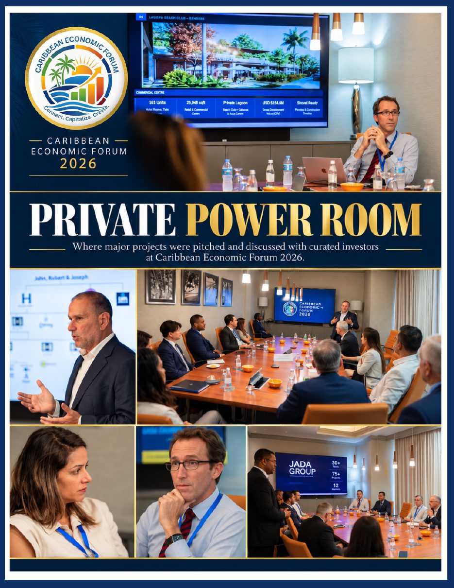 Private Power Room spread: project sponsors pitching major projects to curated investors around a boardroom table