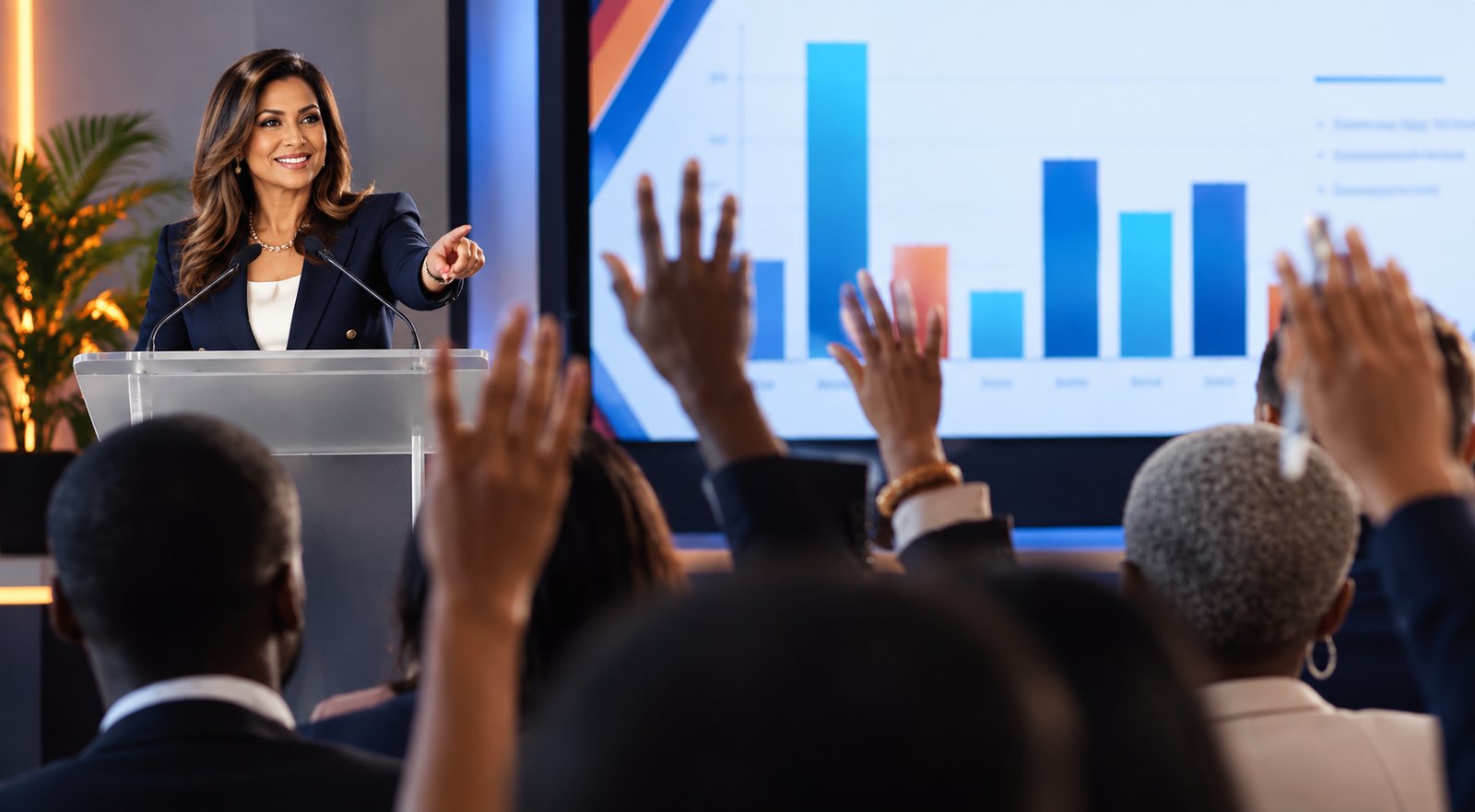 Speaker at a podium taking questions from an audience with raised hands, a results chart on the screen behind her